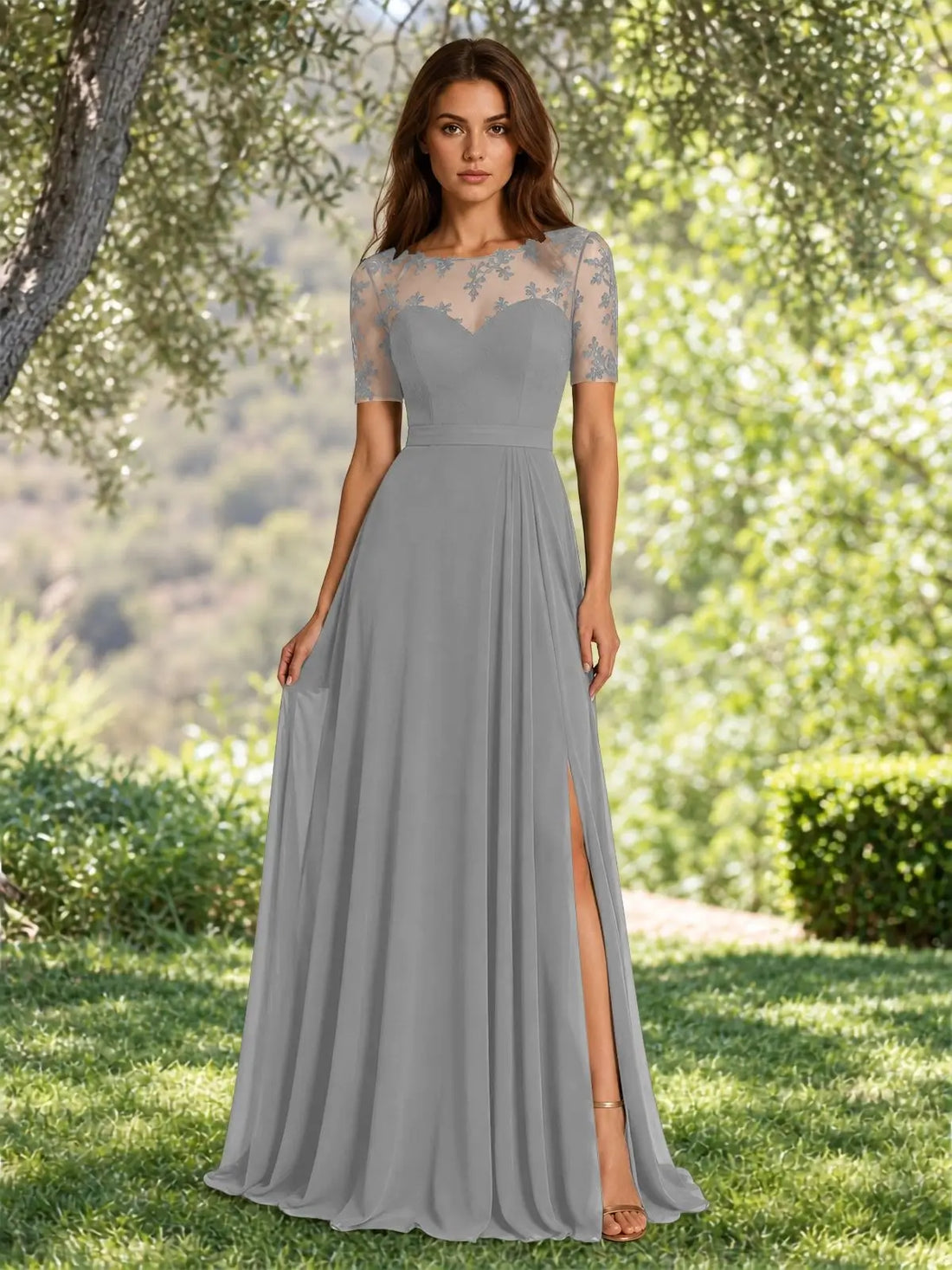Lace Mother of the Bride Dress with Illusion Neckline 