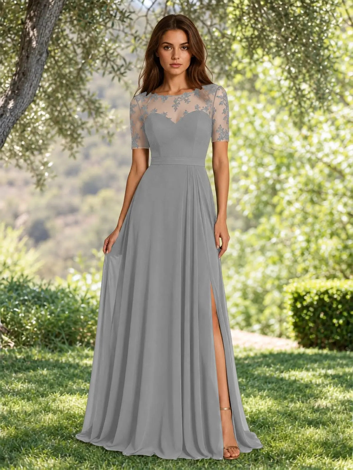 Lace Mother of the Bride Dress with Illusion Neckline 
