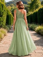 One-shoulder lace mother of the groom dress with slit 