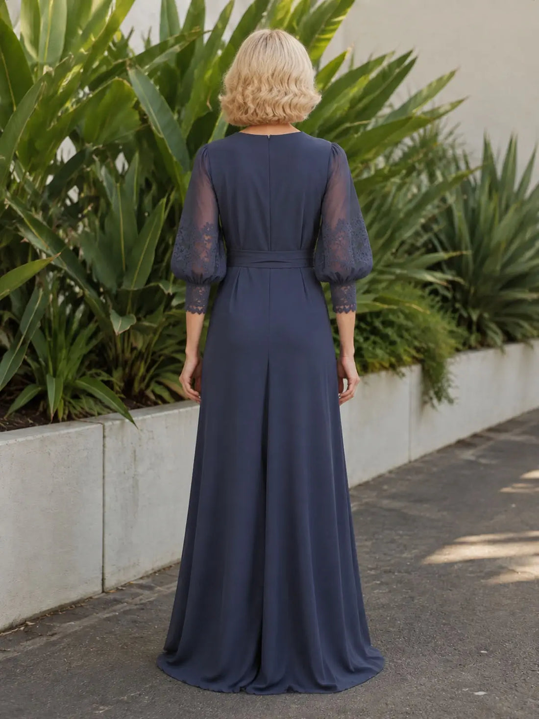 Chiffon Mother of the Bride Dress with Lace Applique Puff Sleeves 