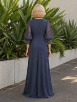 Chiffon Mother of the Bride Dress with Lace Applique Puff Sleeves 