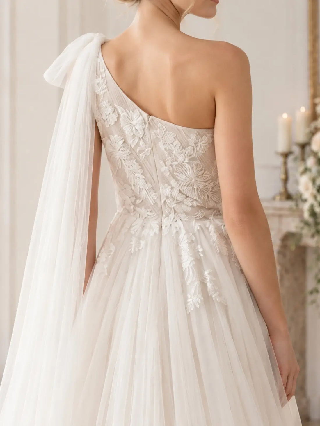 One-Shoulder Wedding Dress with Applique Details