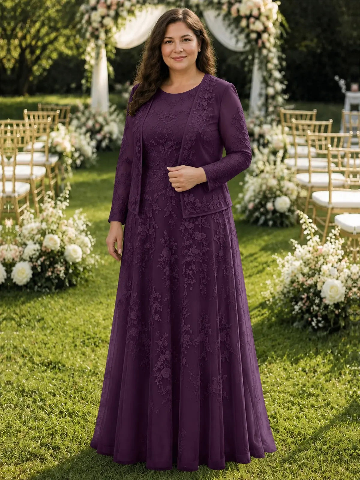 Two-Piece Lace Mother of the Bride Dress with Long Sleeves-Plus Size 