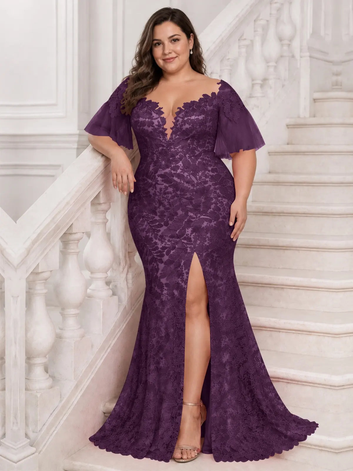 Mermaid Mother of the Bride Dress with V-neck-Plus Size 
