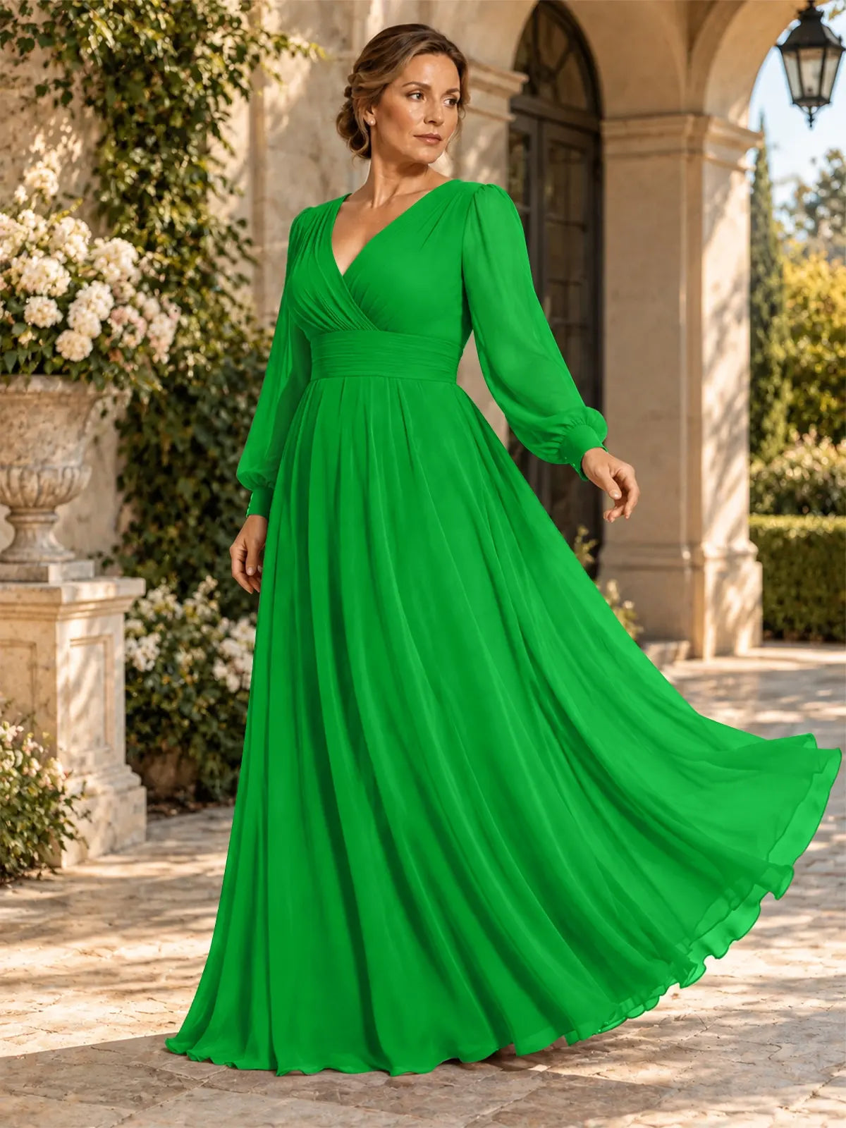Chiffon Mother of the Bride Dress with Long Sleeves-Plus Size 