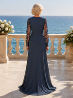 Navy Blue Lace Long Sleeves MOB Dress