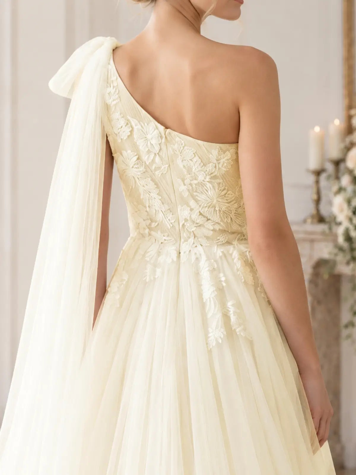 One-Shoulder Wedding Dress with Applique Details