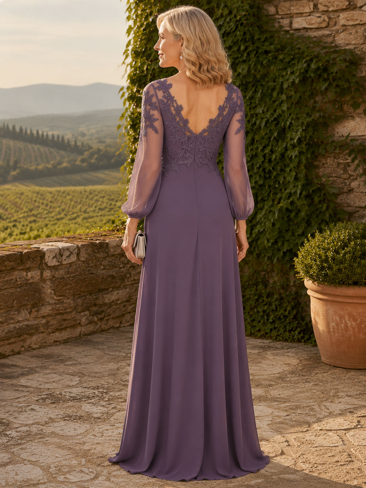 V‑neck Mother of The Bride Dress with Long Illusion Puff Sleeves
