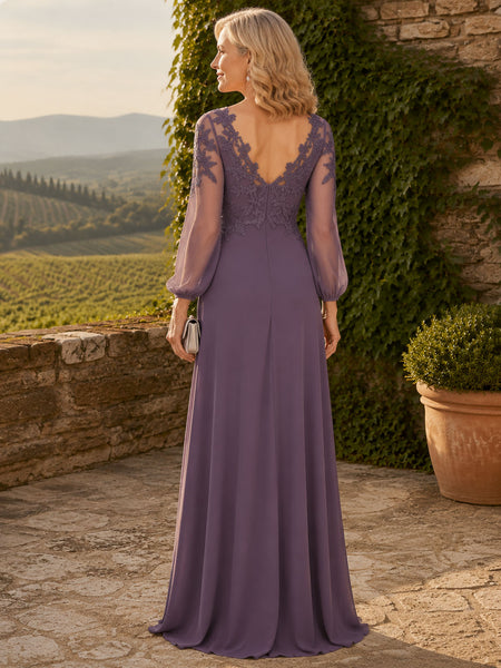 V‑neck Mother of The Bride Dress with Long Illusion Puff Sleeves