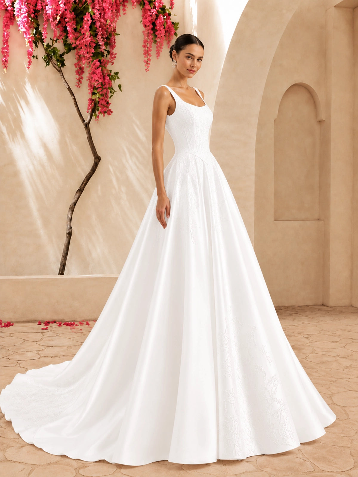 Stretch Crepe Wedding Dress with Lace Embroidery 