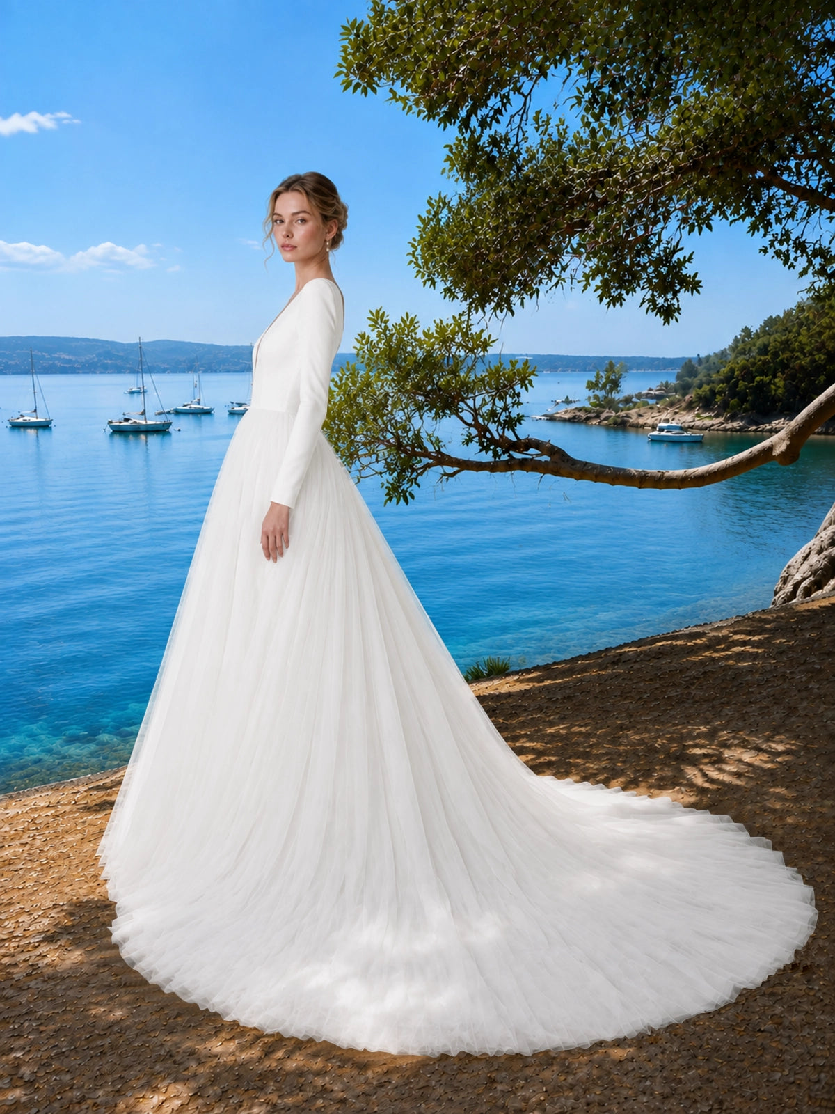 V-Neck Wedding Dress with Long Sleeves