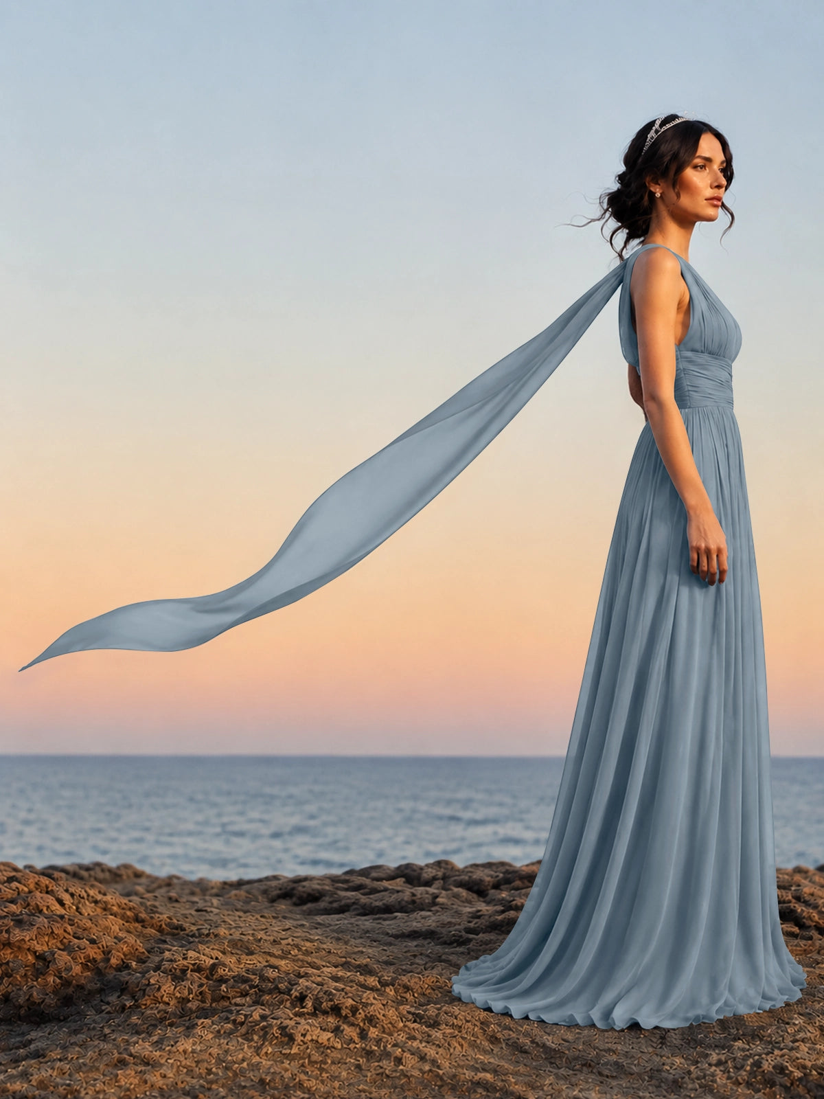 Chiffon Bridesmaid Dress with One-Shoulder Neckline