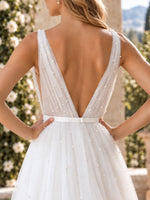 V-Neck Wedding Dress with Pearl Embellished