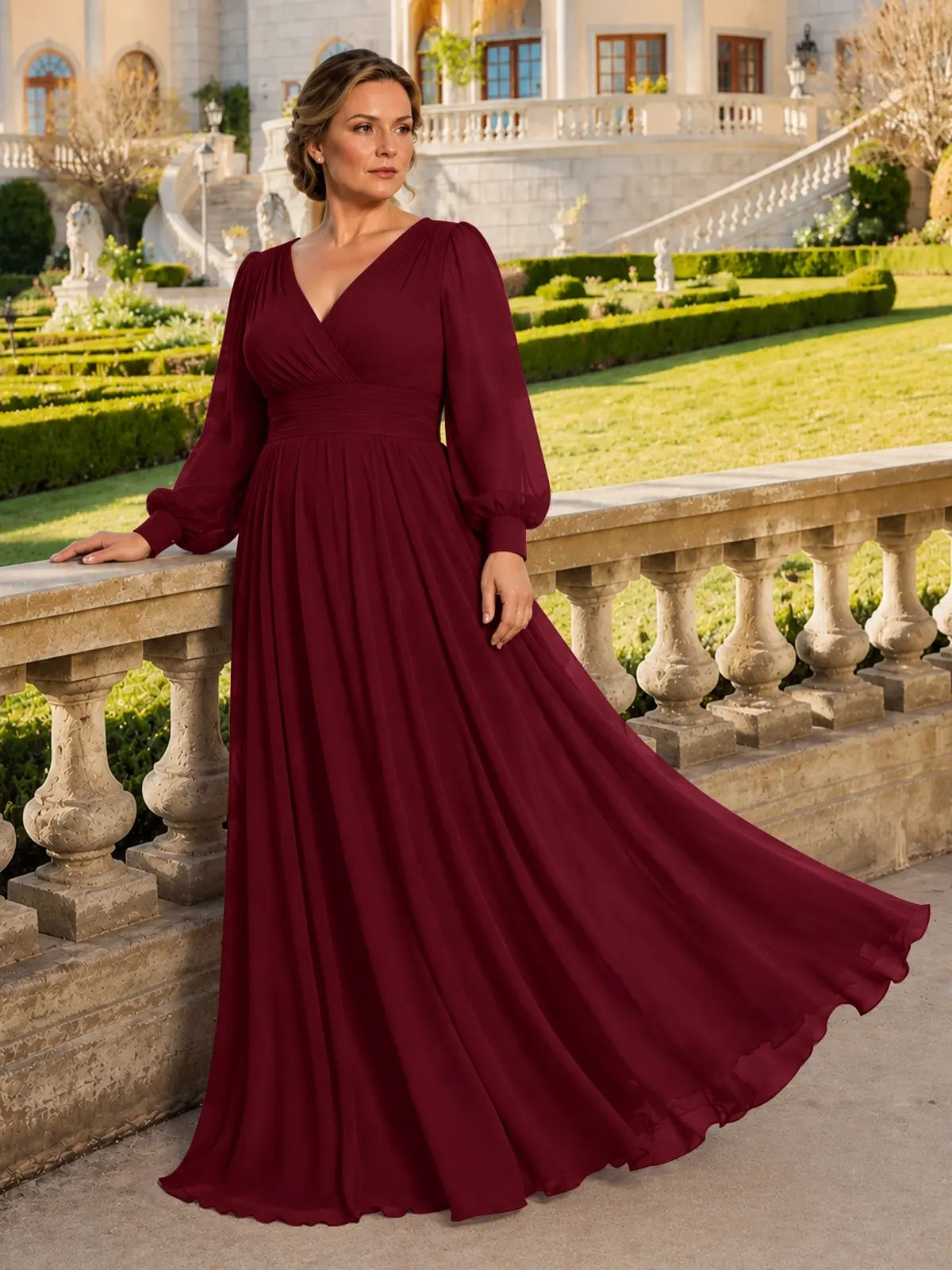 Chiffon Mother of the Bride Dress with Long Sleeves-Plus Size