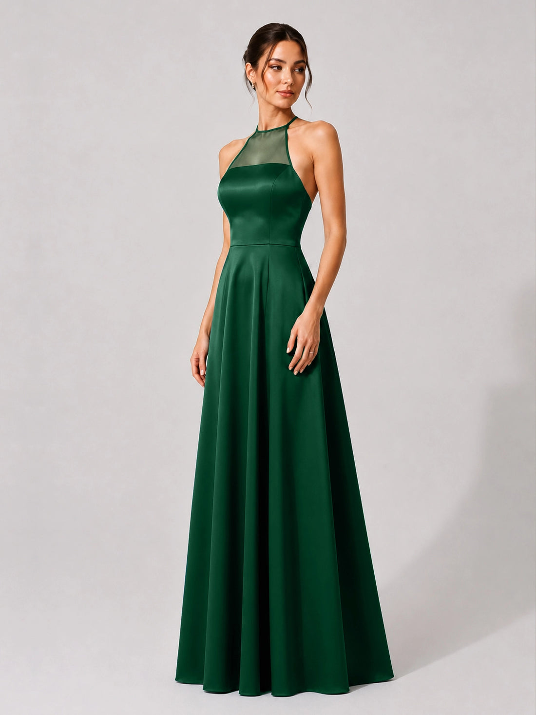 Satin Bridesmaid Dress with Illusion Halter Neck