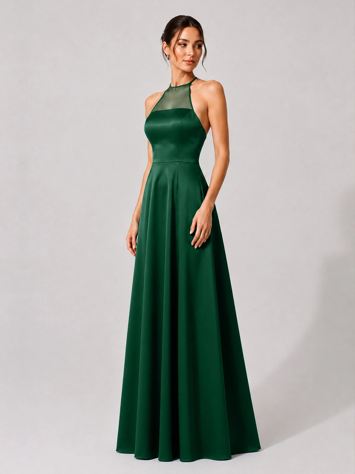 Satin Bridesmaid Dress with Illusion Halter Neck