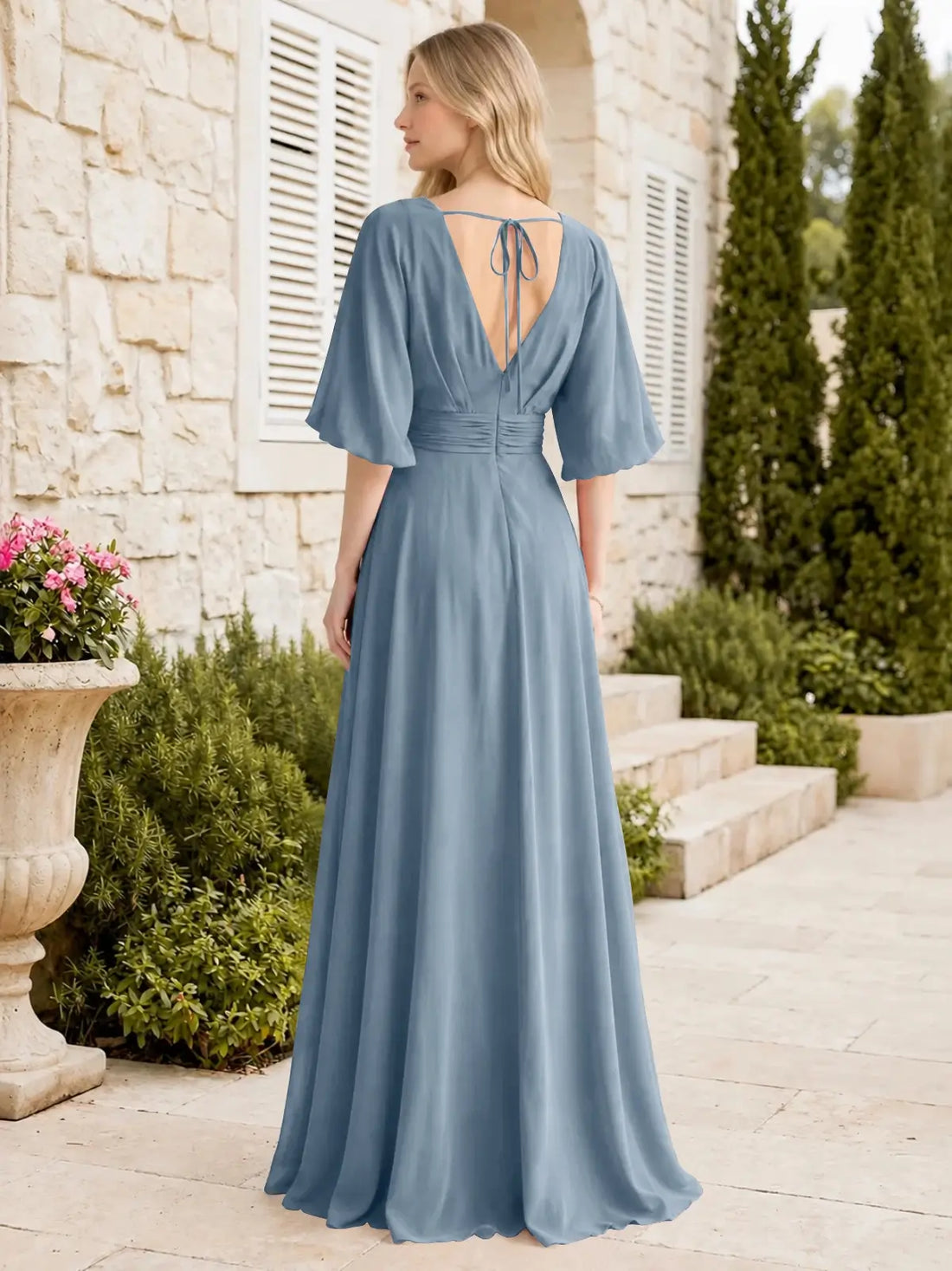 V-neck Slit Ruched Mother of the Bride Dress