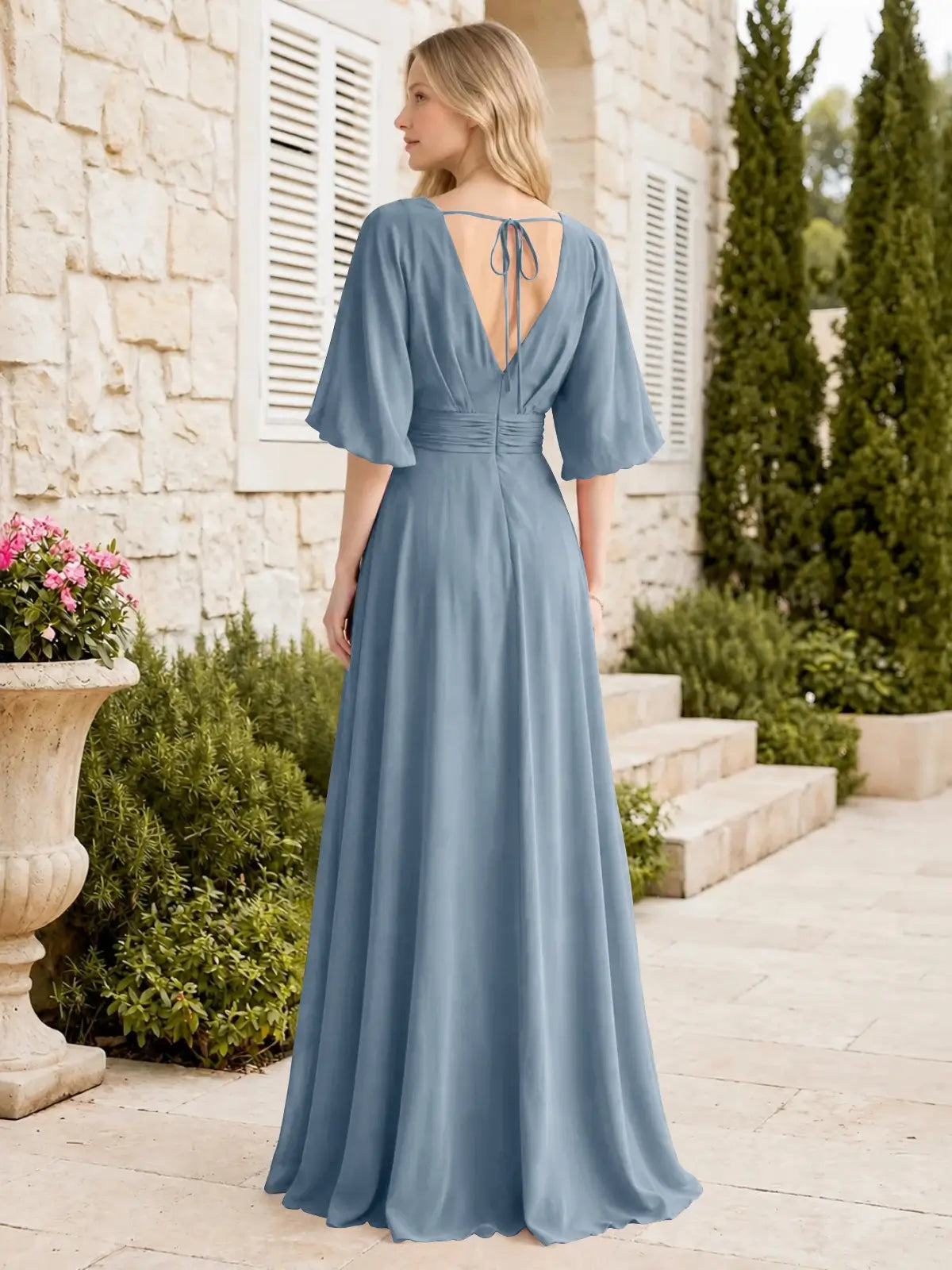 V-neck Slit Ruched Mother of the Bride Dress