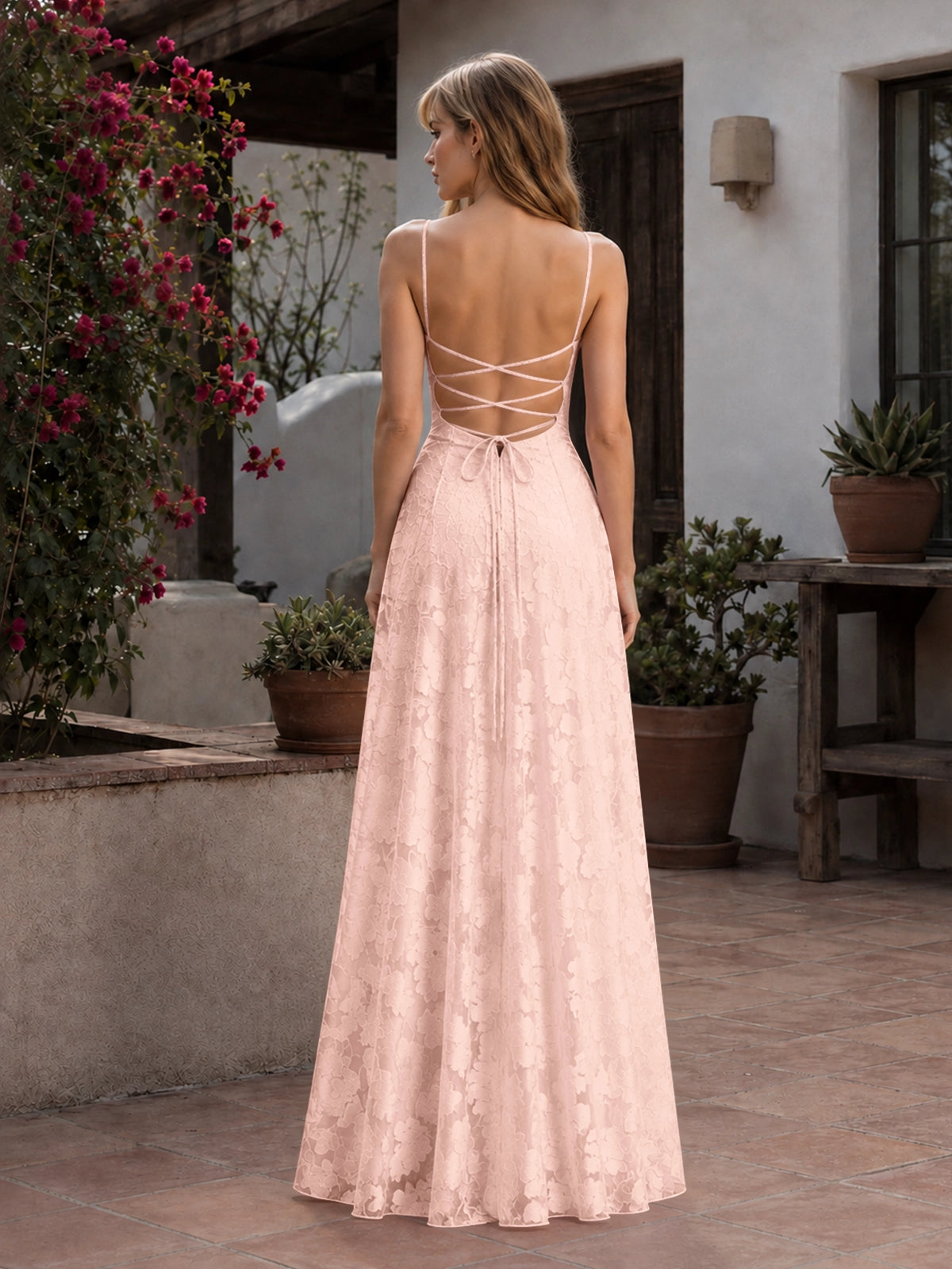 Jacquard Prom Dress with Lace-Up Open Back