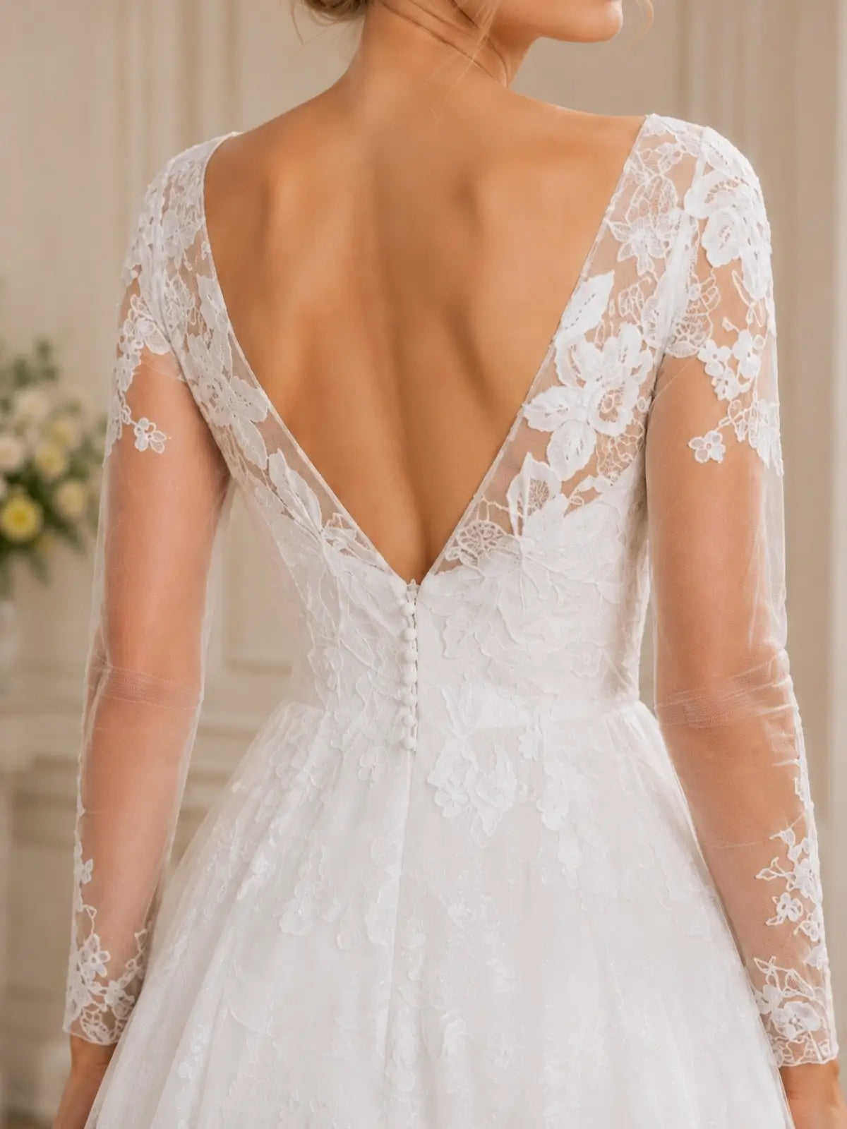 Elegant V-Neck Wedding Dress with Long Sleeves