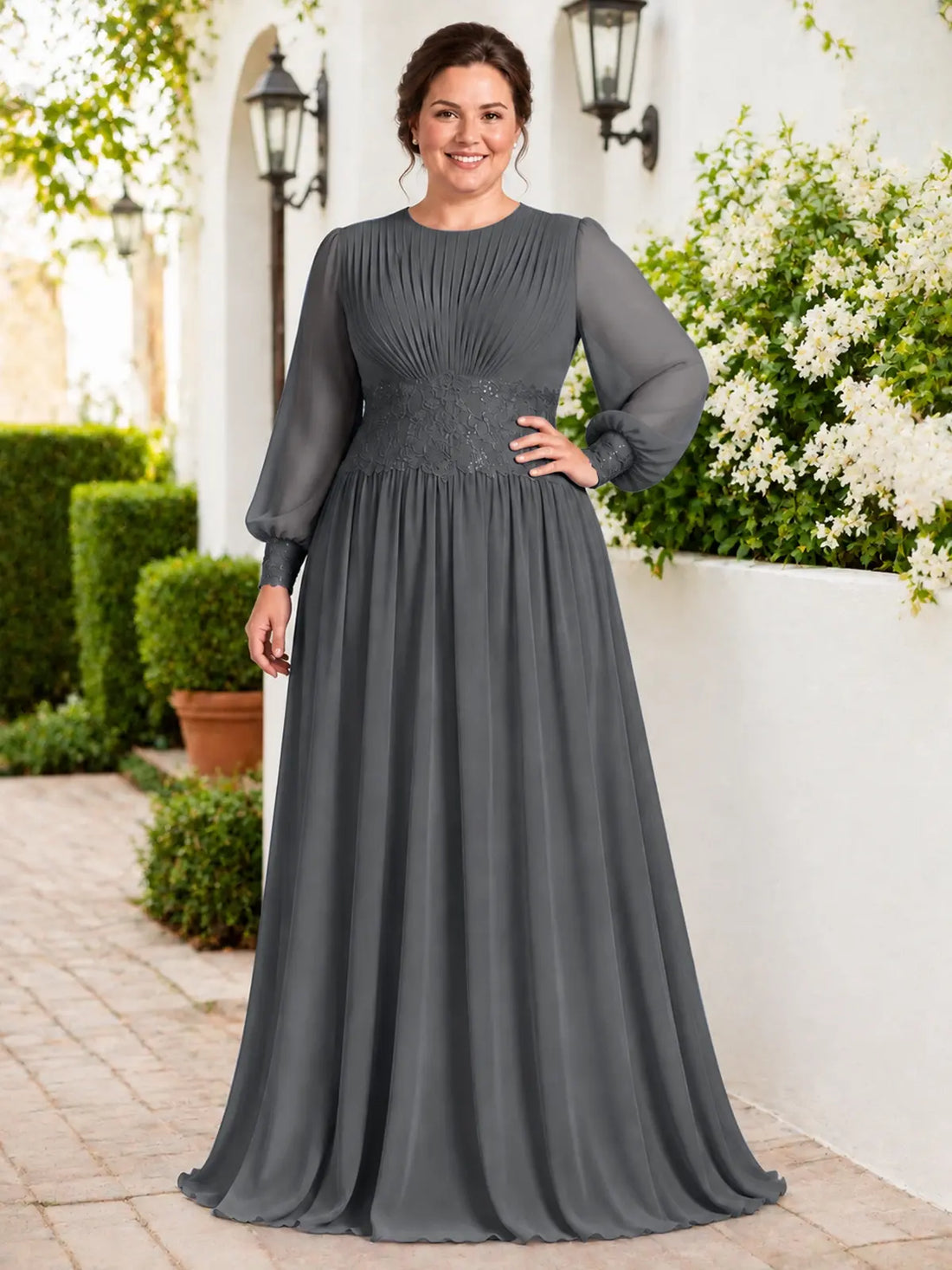 Chiffon Mother of the Bride Dress with Jewel Neckline-Plus Size