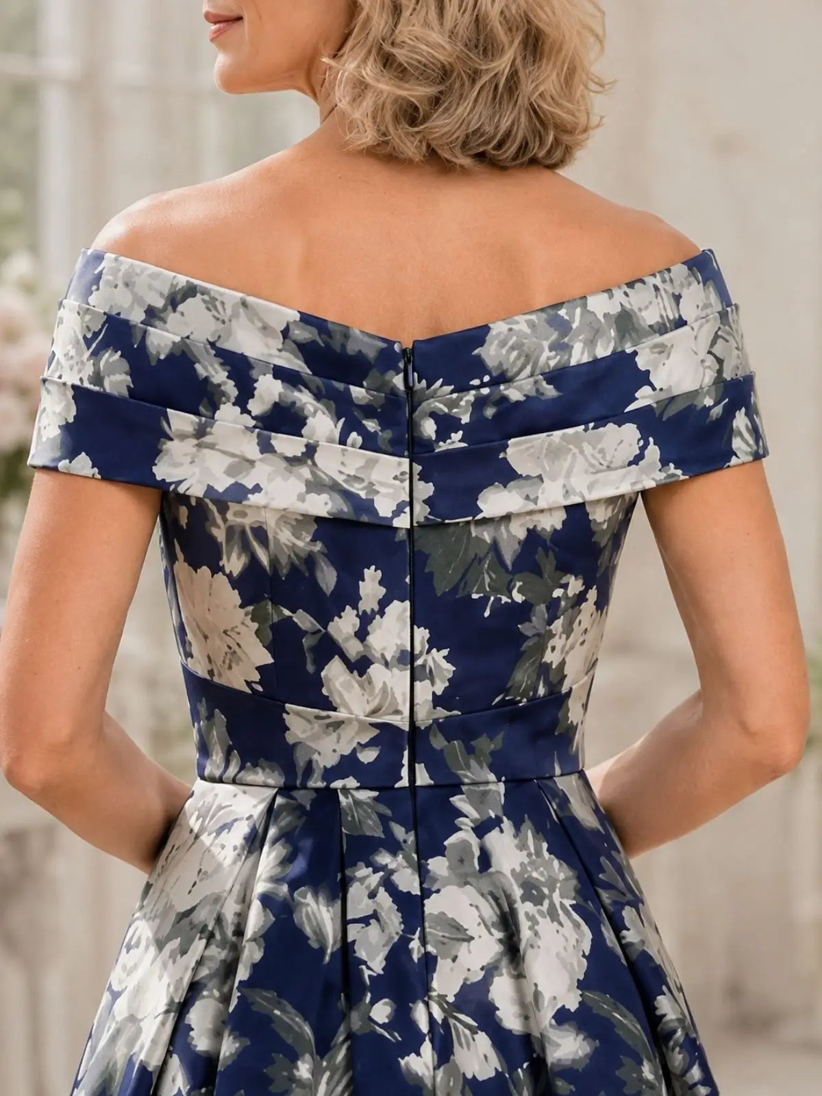 Off-the-Shoulder Mother of the Bride Dress with Printed Detail