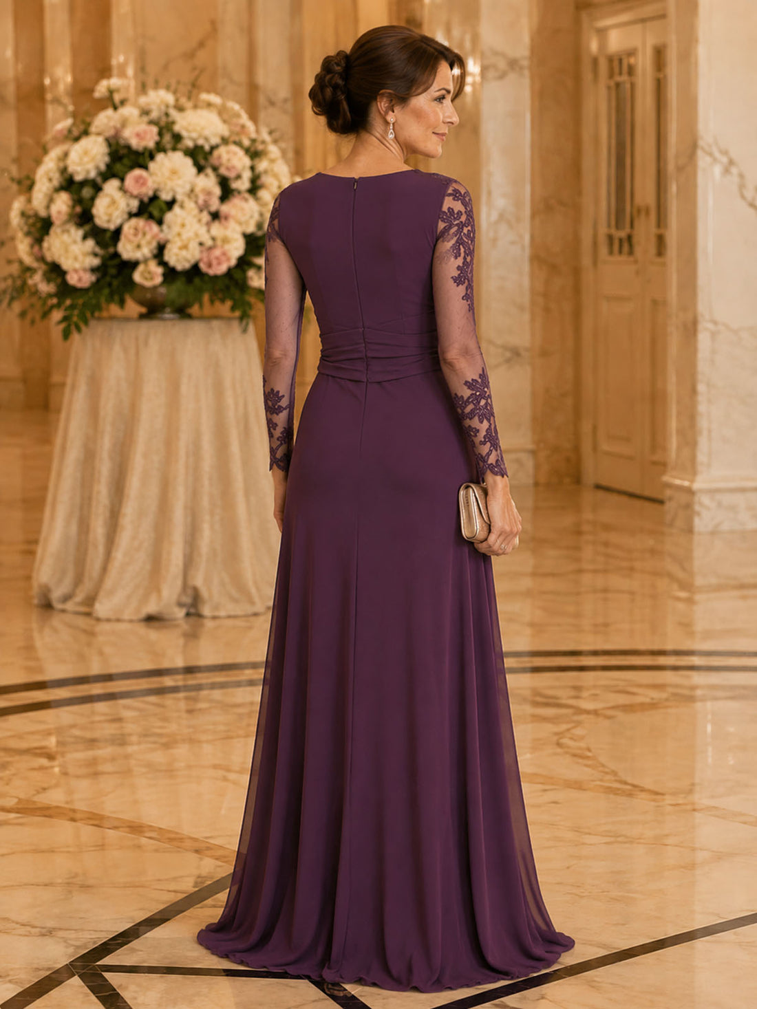 Empire Waist Mom Dress with Scalloped Lace Trim V‑neckline