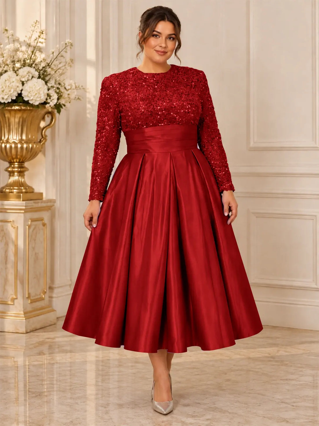 Sequined Mother Dress with Pockets-Plus Size 