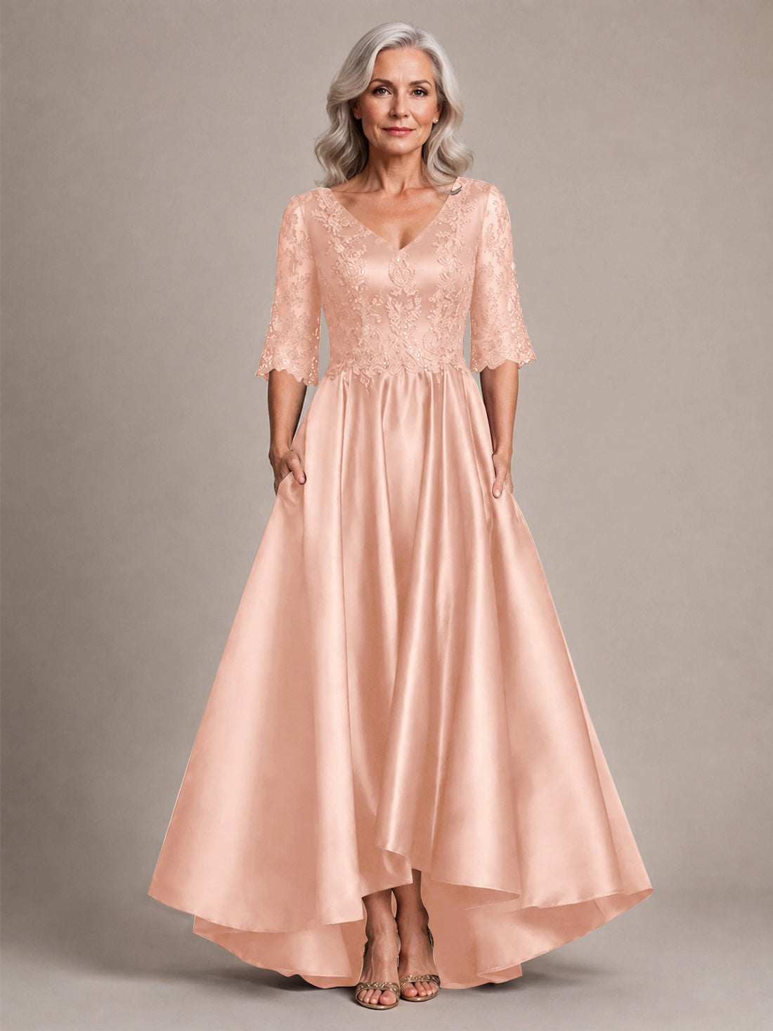 Satin Mother of the Bride Dress with Lace Sleeves 