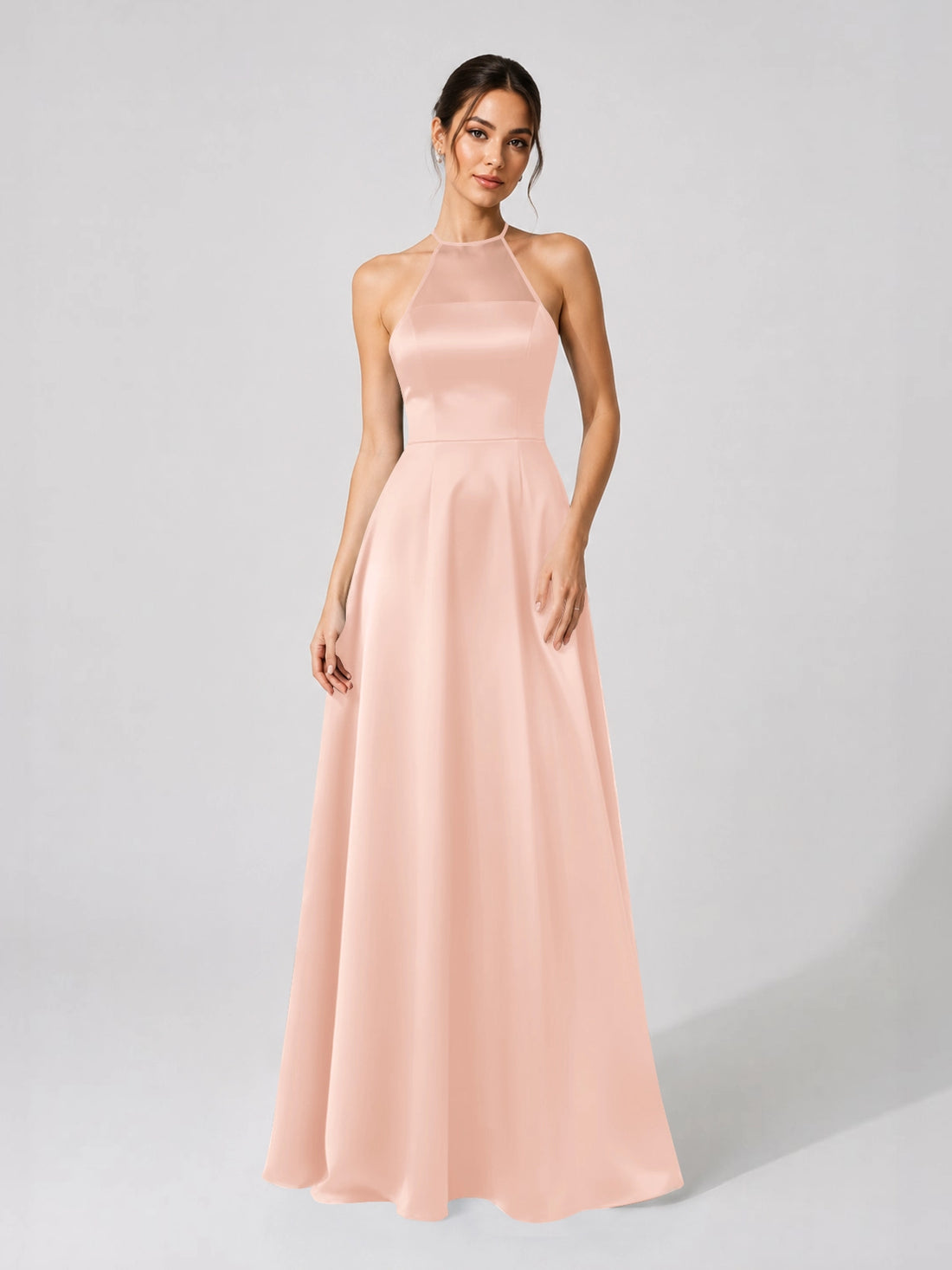 Satin Bridesmaid Dress with Illusion Halter Neck 