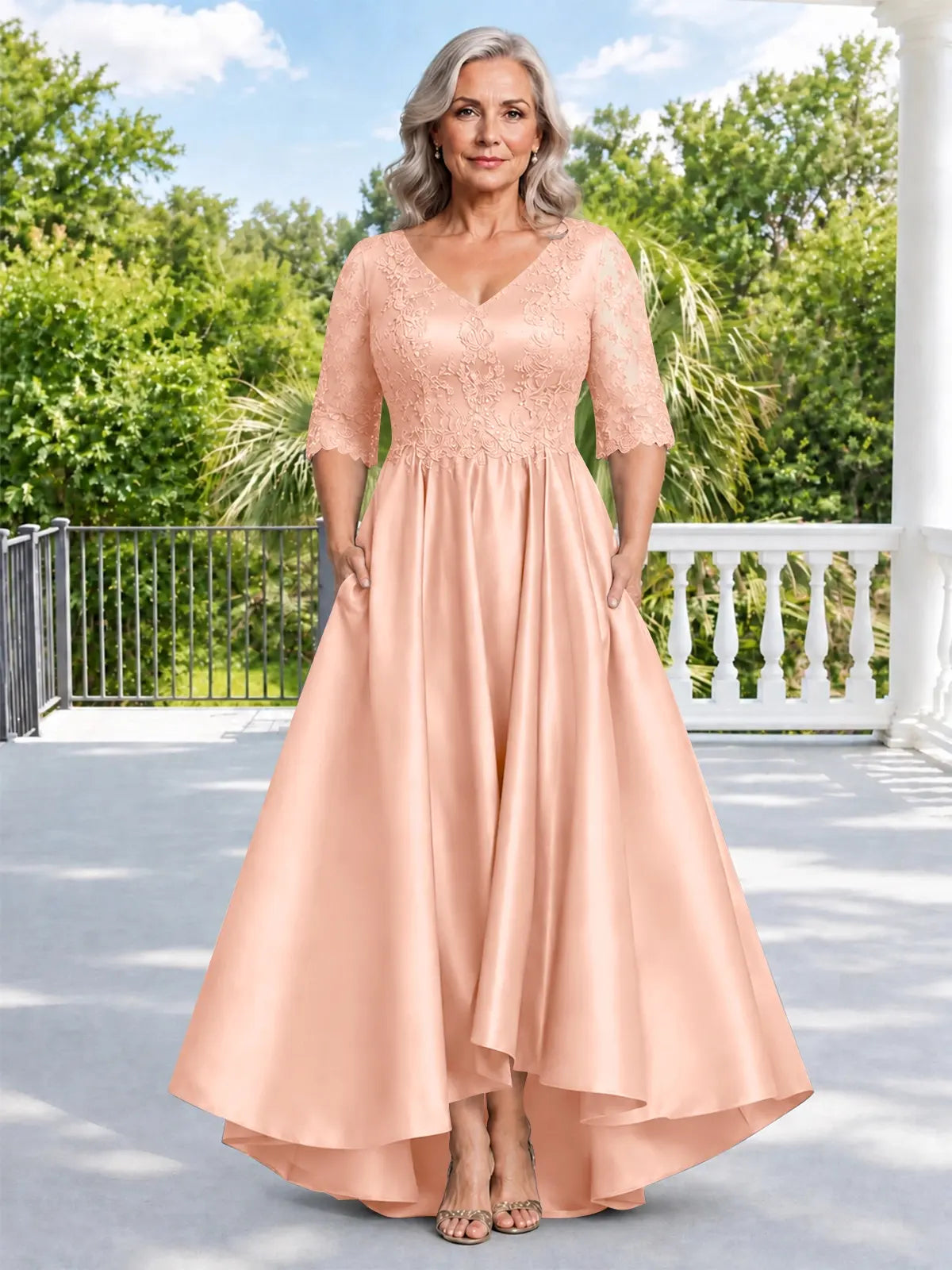 Satin Mother of the Bride Dress with Lace Sleeves-Plus Size 