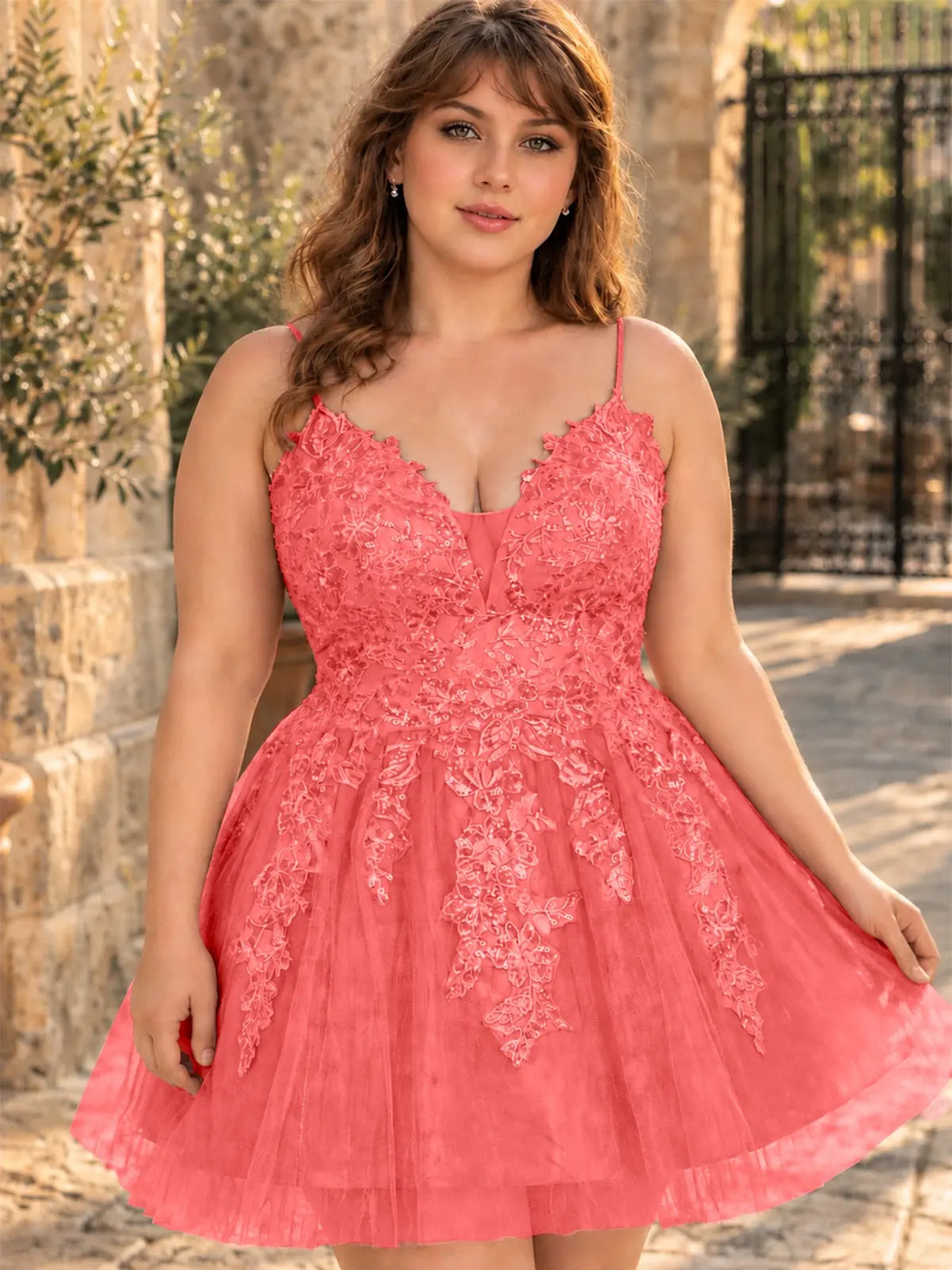 Applique Soft Tulle Mini Dress-Plus Size 