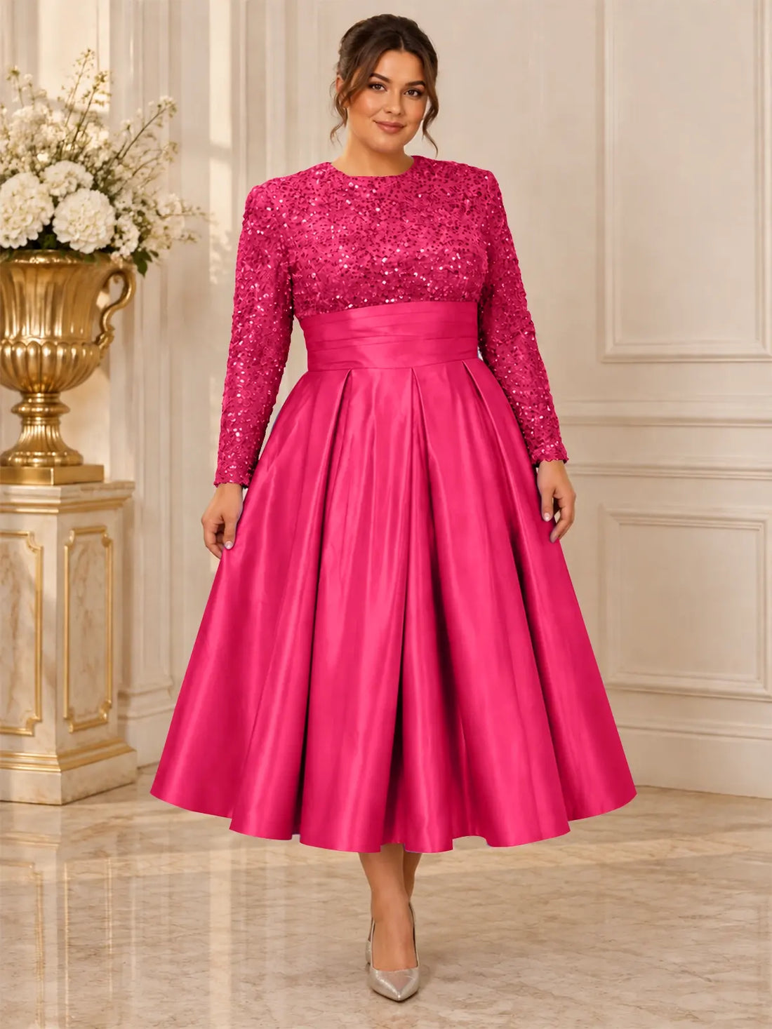 Sequined Mother Dress with Pockets-Plus Size 