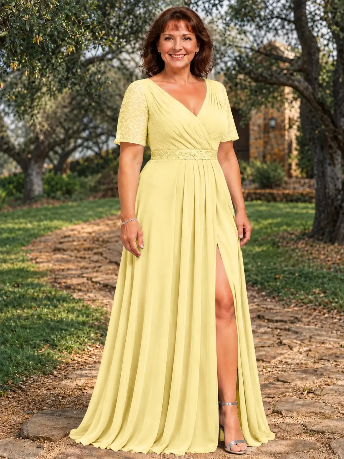 Surplice Neckline Mother of the Bride Dress with Slit-Plus Size 