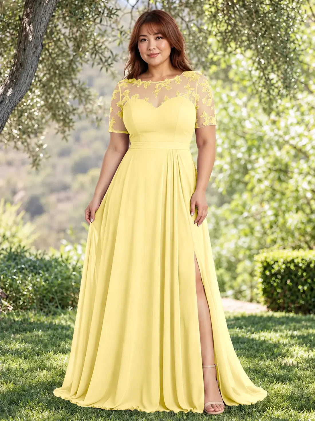 Lace Mother of the Bride Dress with Illusion Neckline-Plus Size 