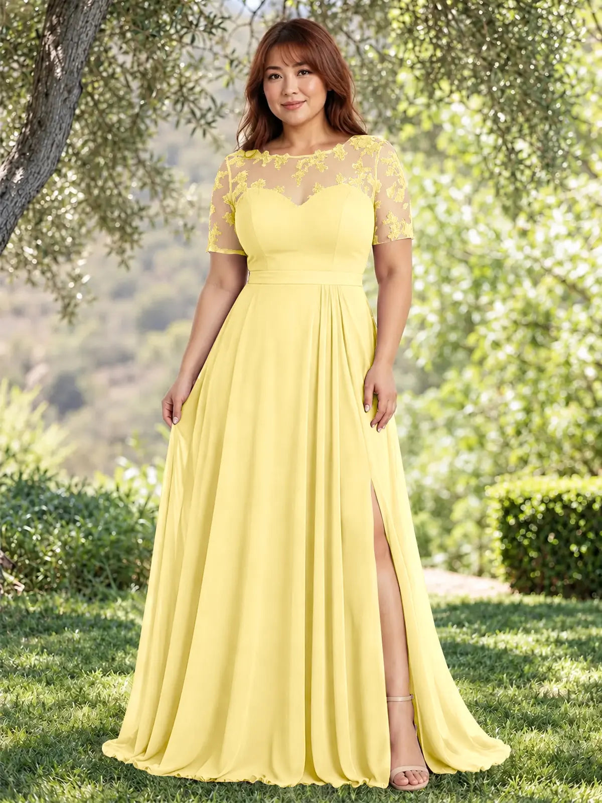 Lace Mother of the Bride Dress with Illusion Neckline-Plus Size 