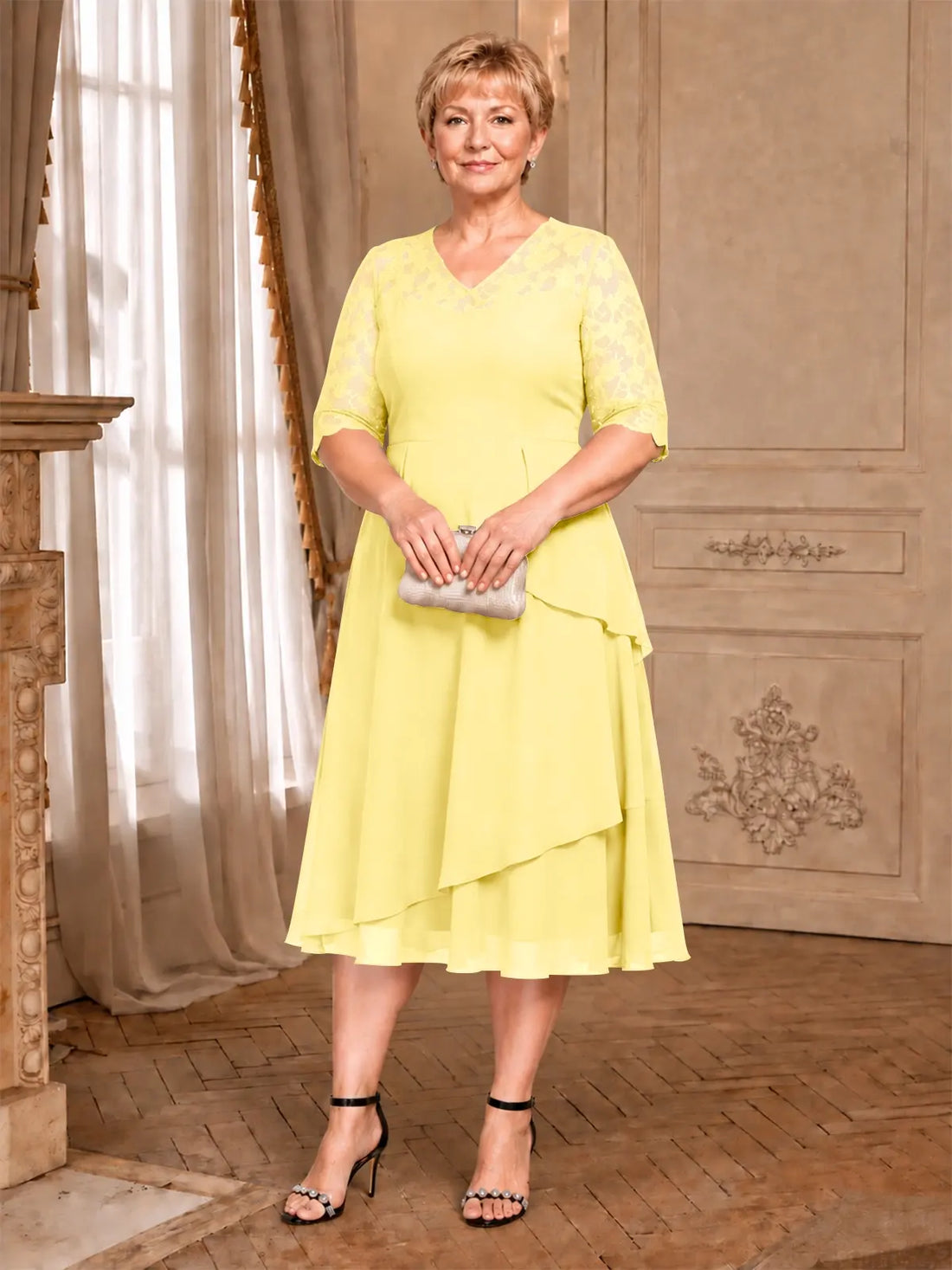 A-line Mother of the Bride Dress with Lace Sleeves-Plus Size 