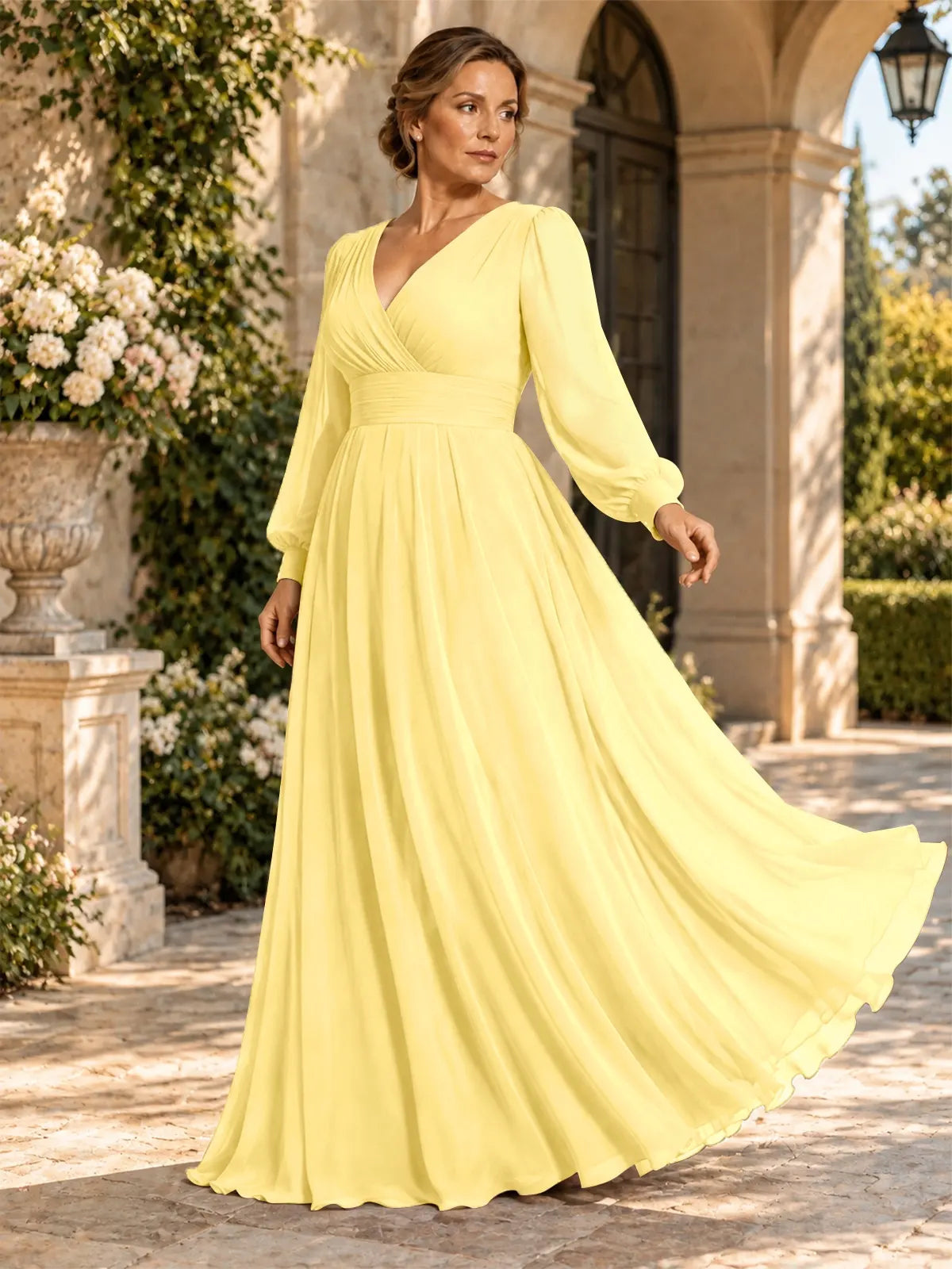 Chiffon Mother of the Bride Dress with Long Sleeves-Plus Size 