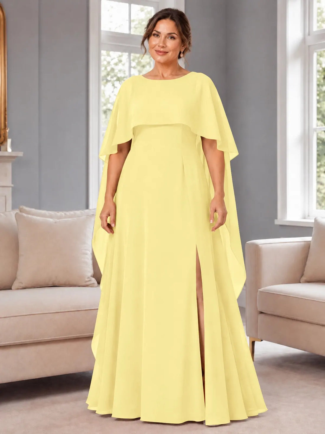 Chiffon Mother of the Bride Dress with Cape Overlay-Plus Size 
