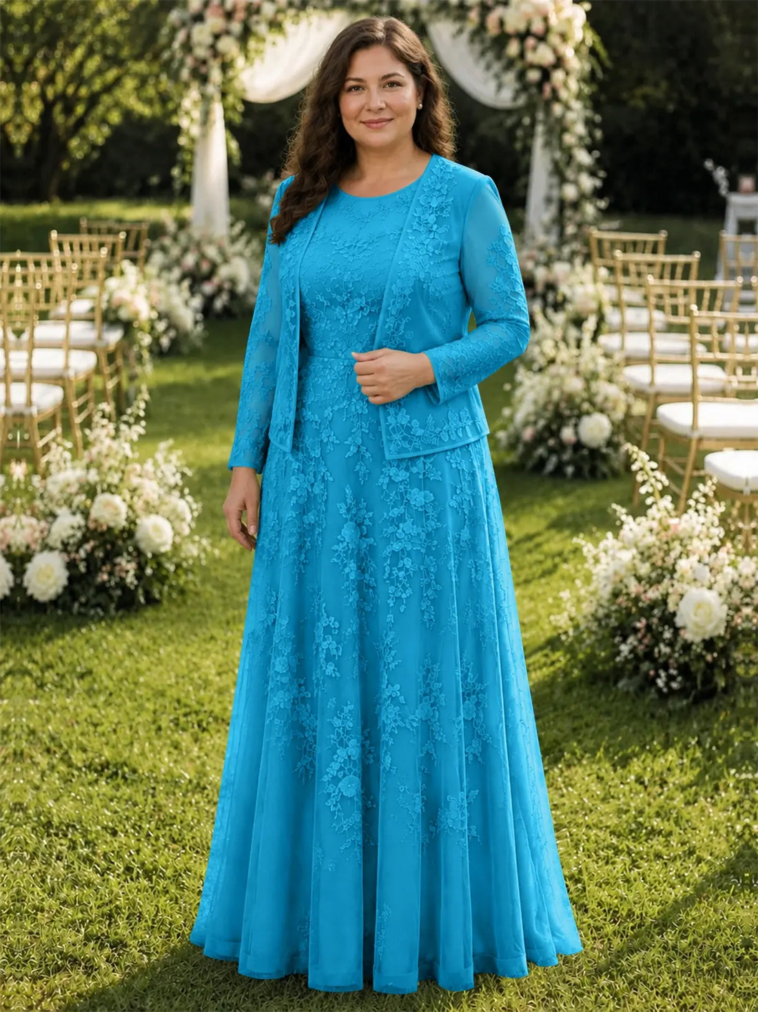 Two-Piece Lace Mother of the Bride Dress with Long Sleeves-Plus Size 