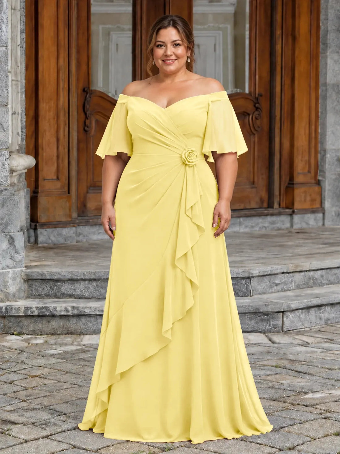 Chiffon Mother of the Bride Dress with 3D Rosette-Plus Size 