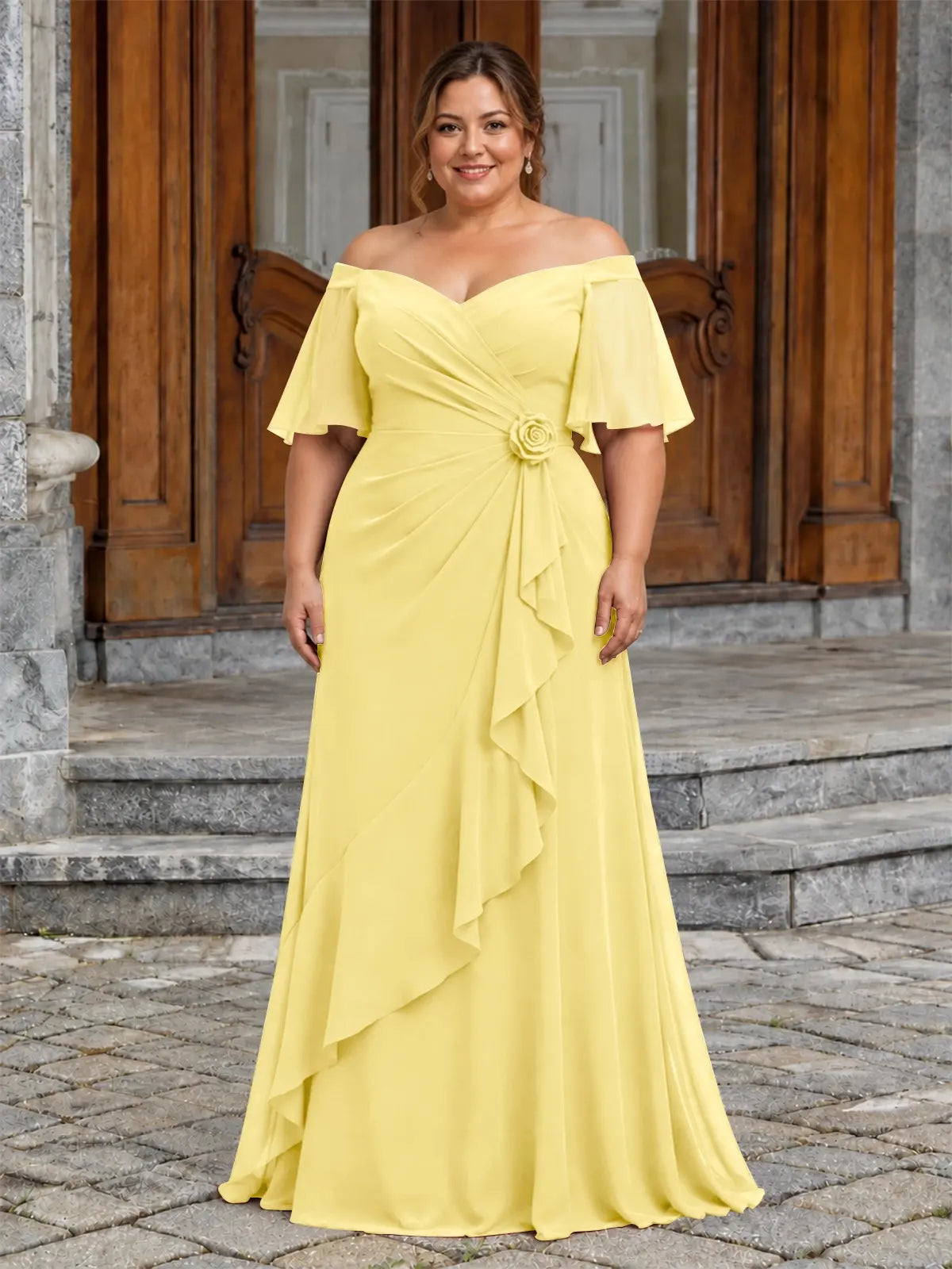 Chiffon Mother of the Bride Dress with 3D Rosette-Plus Size 