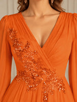 Long Sleeves Applique Chiffon Dress-Plus Size