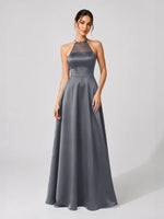 Satin Bridesmaid Dress with Illusion Halter Neck 