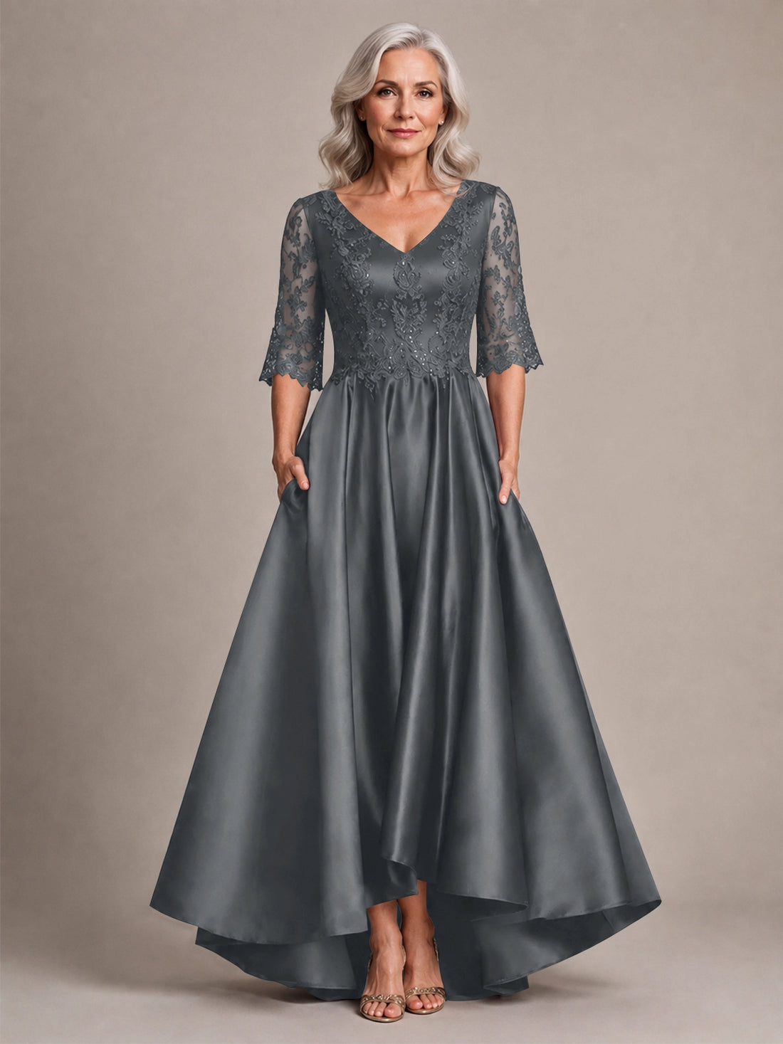 Satin Mother of the Bride Dress with Lace Sleeves 