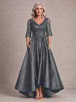 Satin Mother of the Bride Dress with Lace Sleeves 