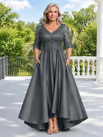 Satin Mother of the Bride Dress with Lace Sleeves-Plus Size 