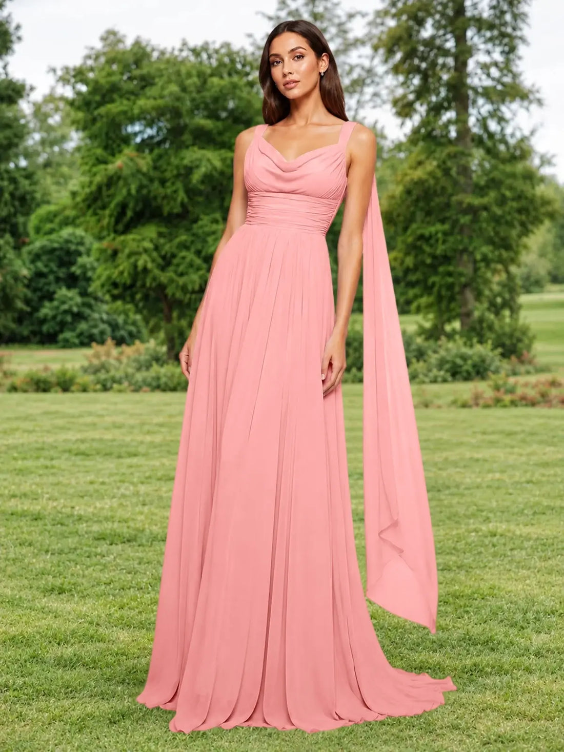 Chiffon Bridesmaid Dress with Draped Scarf 