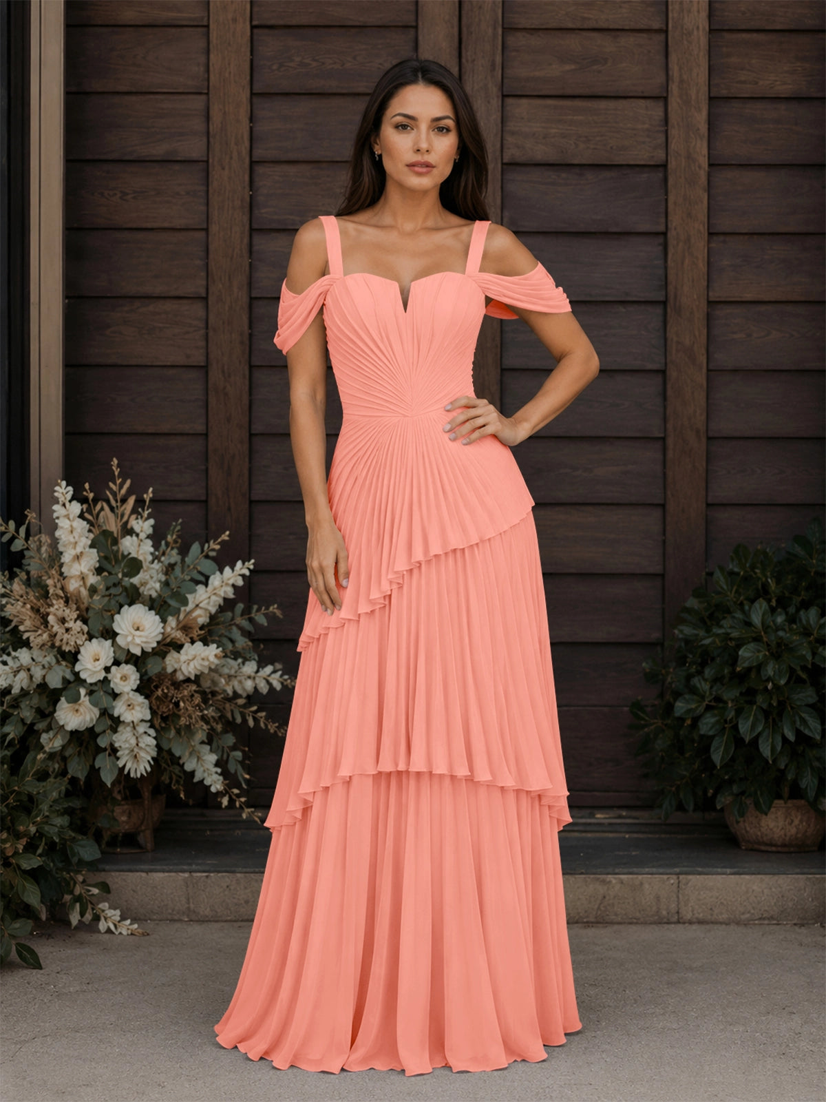 Chiffon Bridesmaid Dress with Cold-Shoulder 