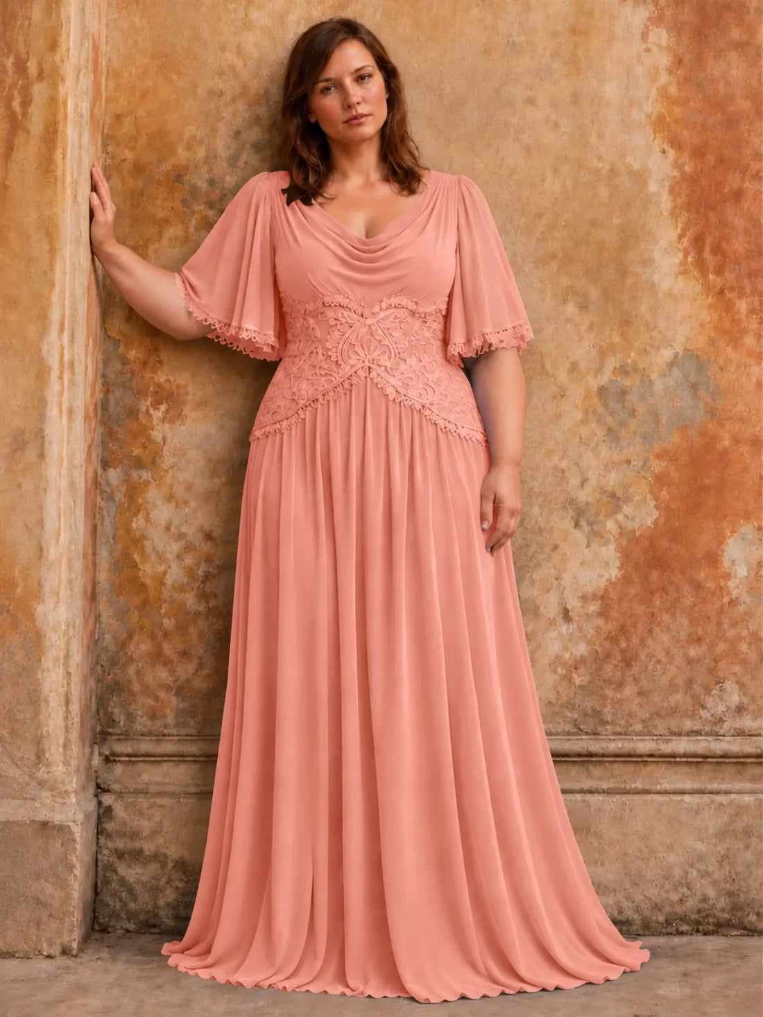 Cowl Neck Mother of the Bride Dress with Applique-Plus Size 